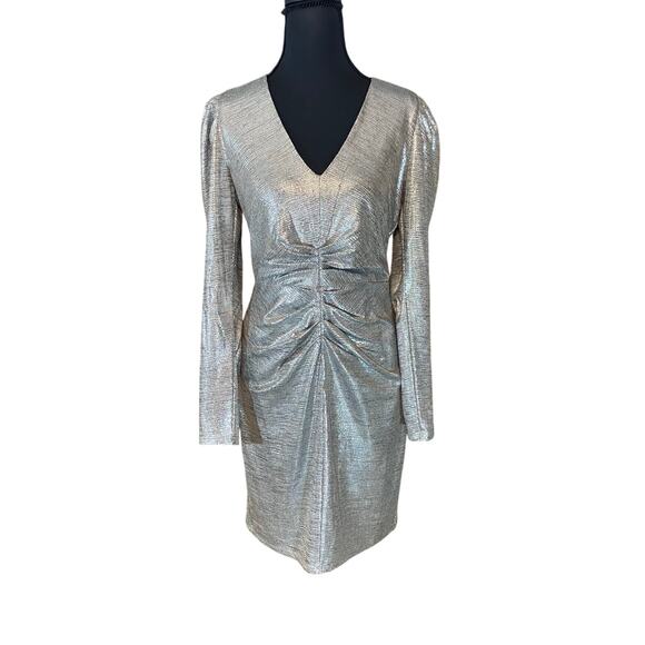 AQUA Metallic Silver Ruched Long Sleeve Bodycon Party Dress Small mirrorball - Picture 1 of 9